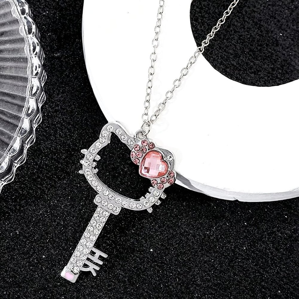 Hello Kitty Necklace Key Crystal Rhinestone Pendant Rave Emo Sanrio Sparkle Glam